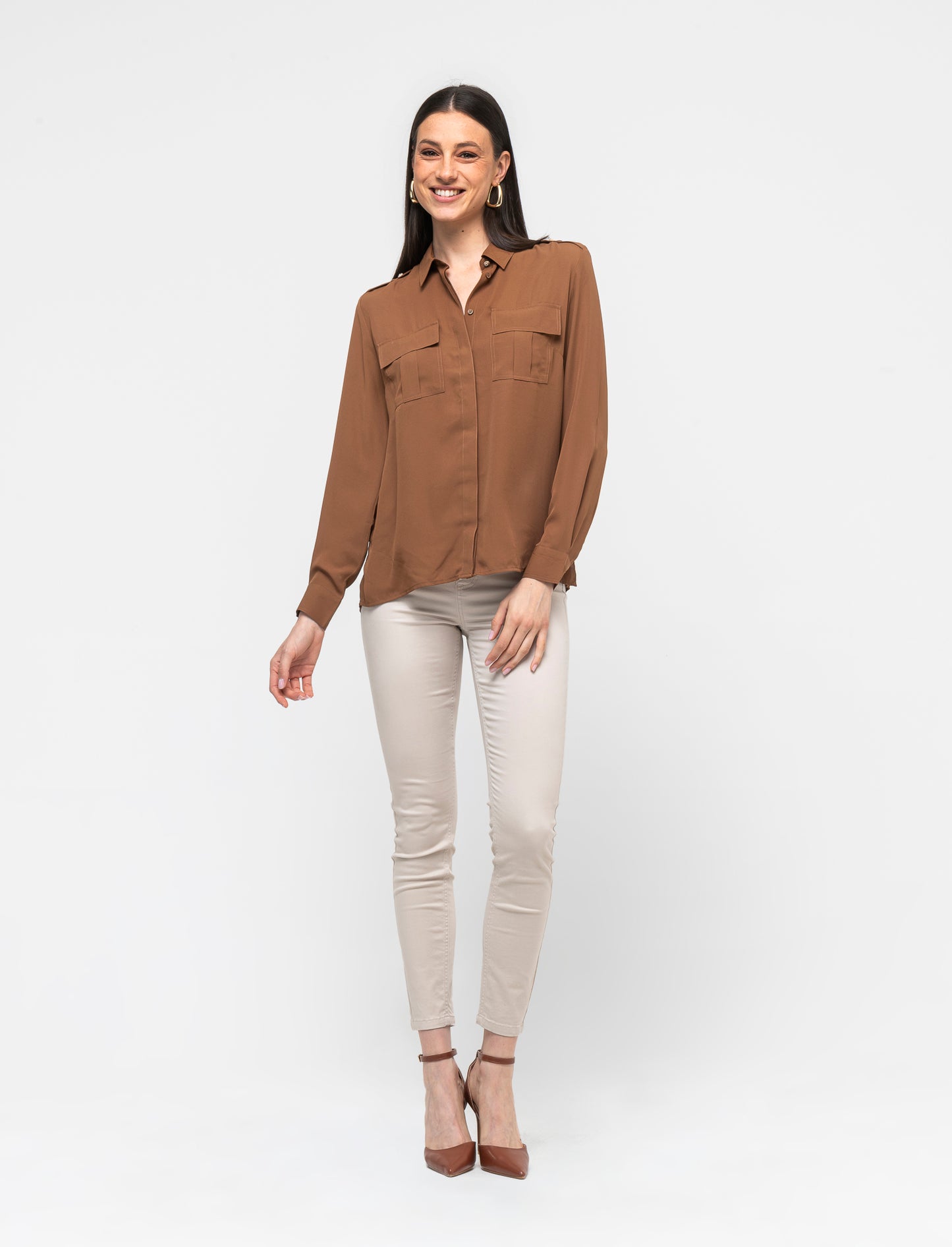 Camicia in viscosa manica lunga con tasche a soffietto - Marrone tabacco