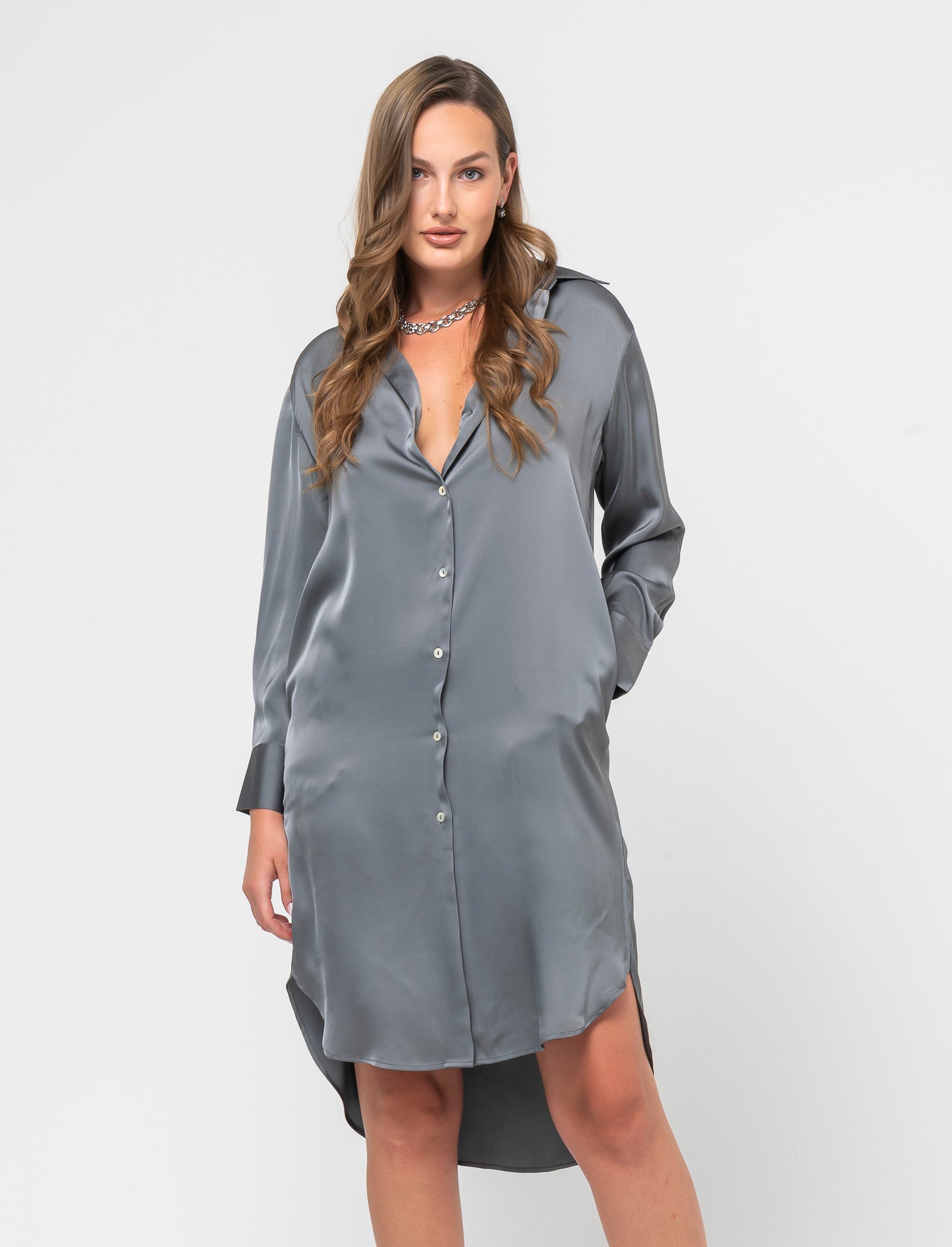 Long Satin Shirt Regular Fit with Dropped Shoulder - Grey