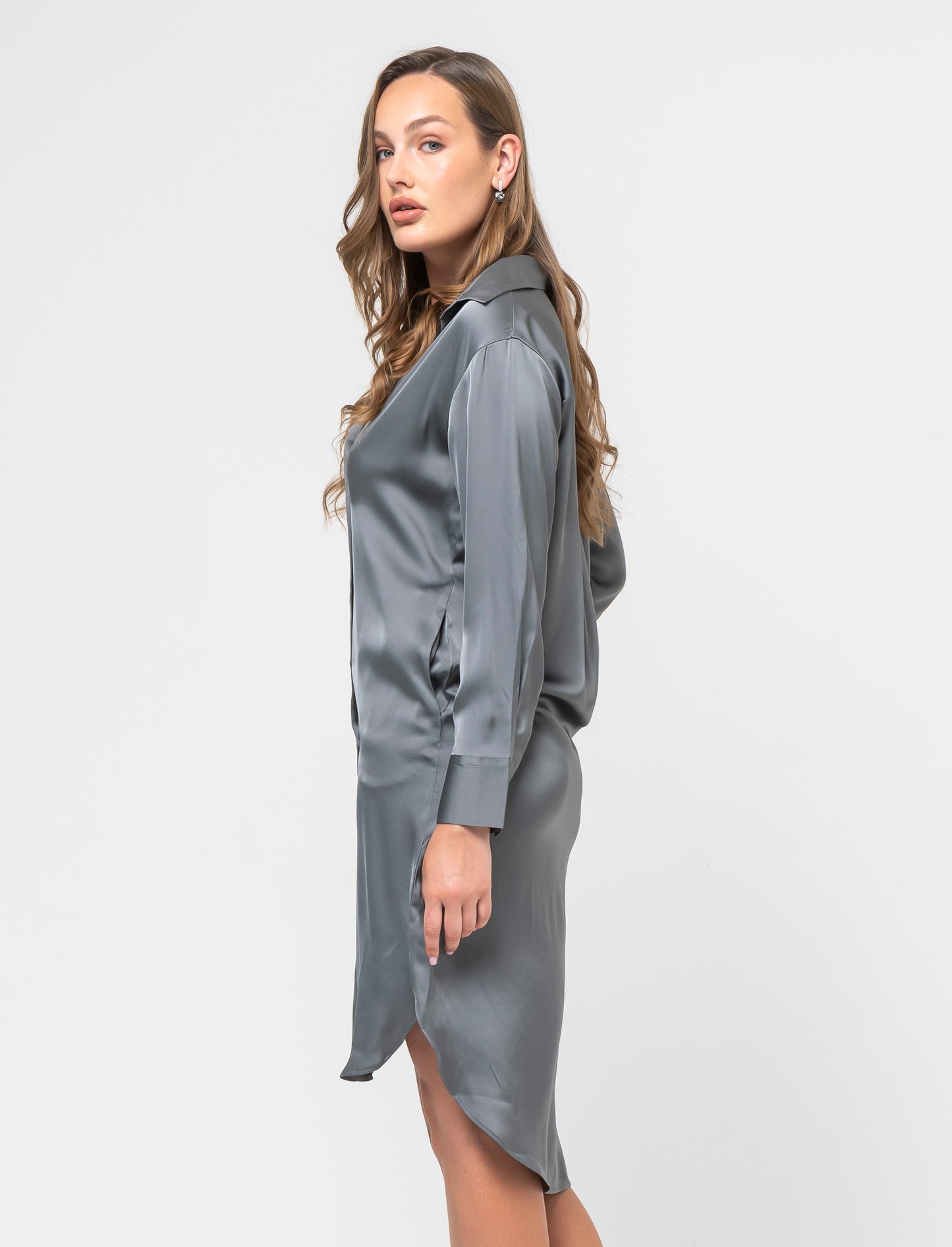 Long Satin Shirt Regular Fit with Dropped Shoulder - Grey