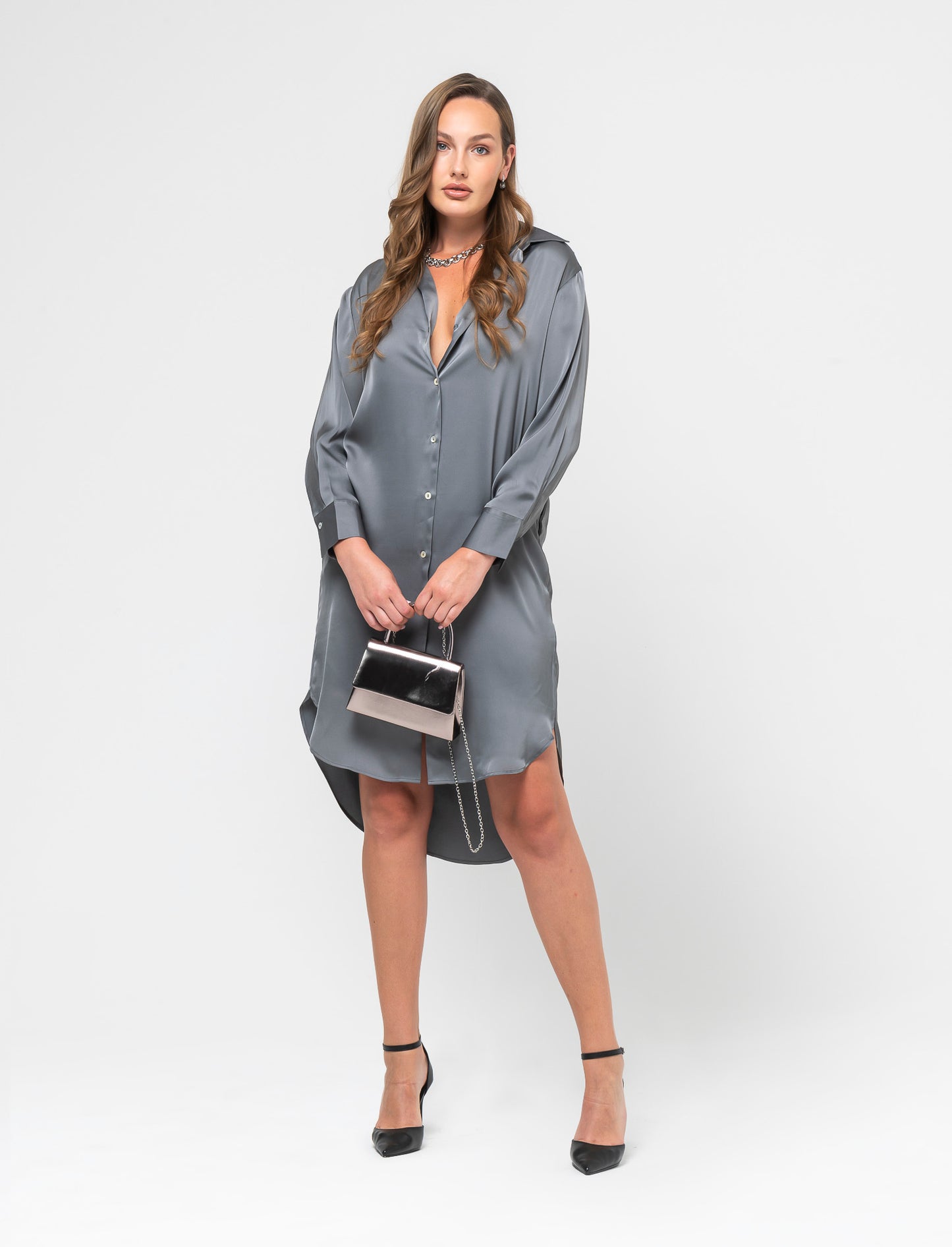 Long Satin Shirt Regular Fit with Dropped Shoulder - Grey