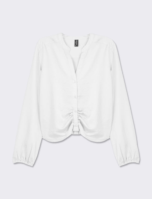 Long Sleeve Cropped Shirt with Flowy Fabric and Pleats - Various Colors - White