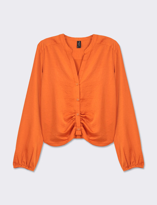 Long Sleeve Cropped Shirt with Flowy Fabric and Pleats - Various Colors - Orange