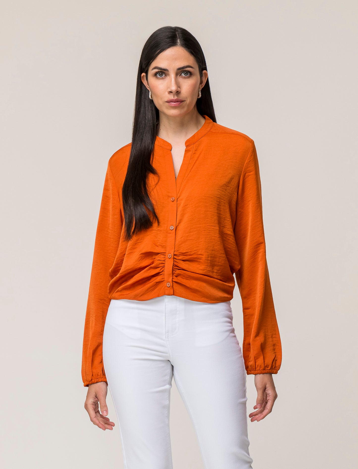 Long Sleeve Cropped Shirt with Flowy Fabric and Pleats - Various Colors - Orange