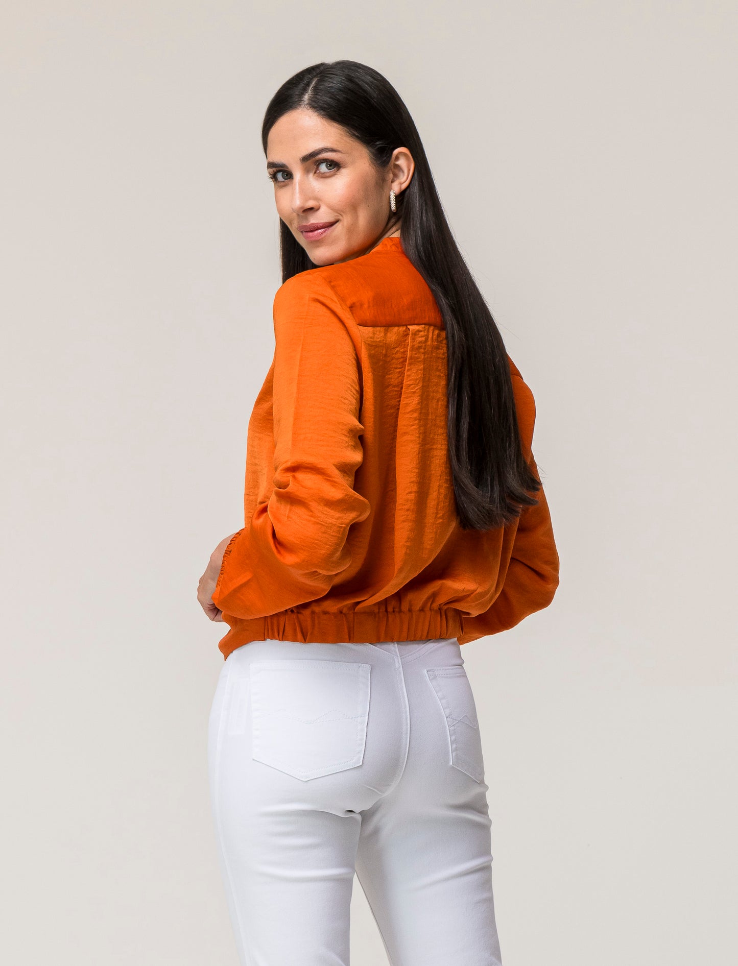 Long Sleeve Cropped Shirt with Flowy Fabric and Pleats - Various Colors - Orange