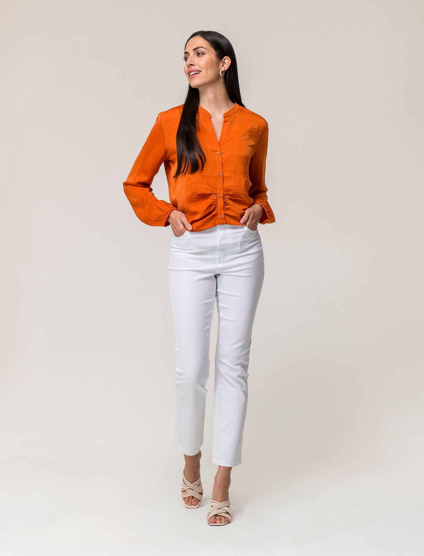 Long Sleeve Cropped Shirt with Flowy Fabric and Pleats - Various Colors - Orange