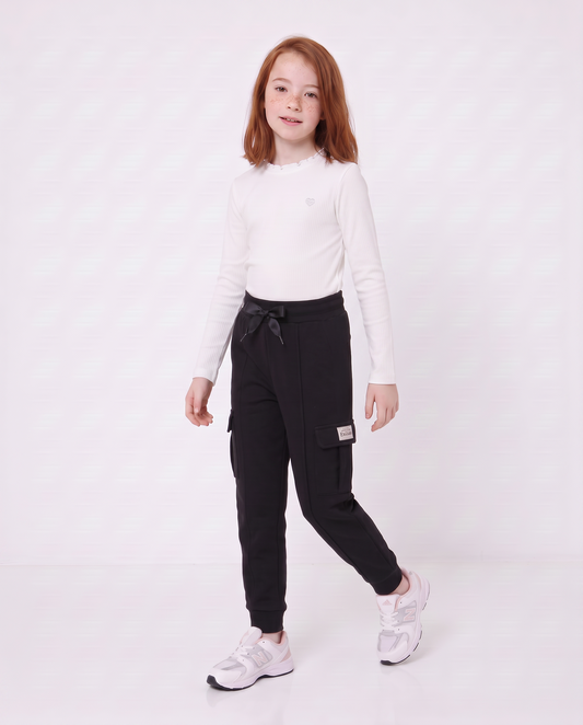 Pantaloni in felpa tasconati con nastro - Nero