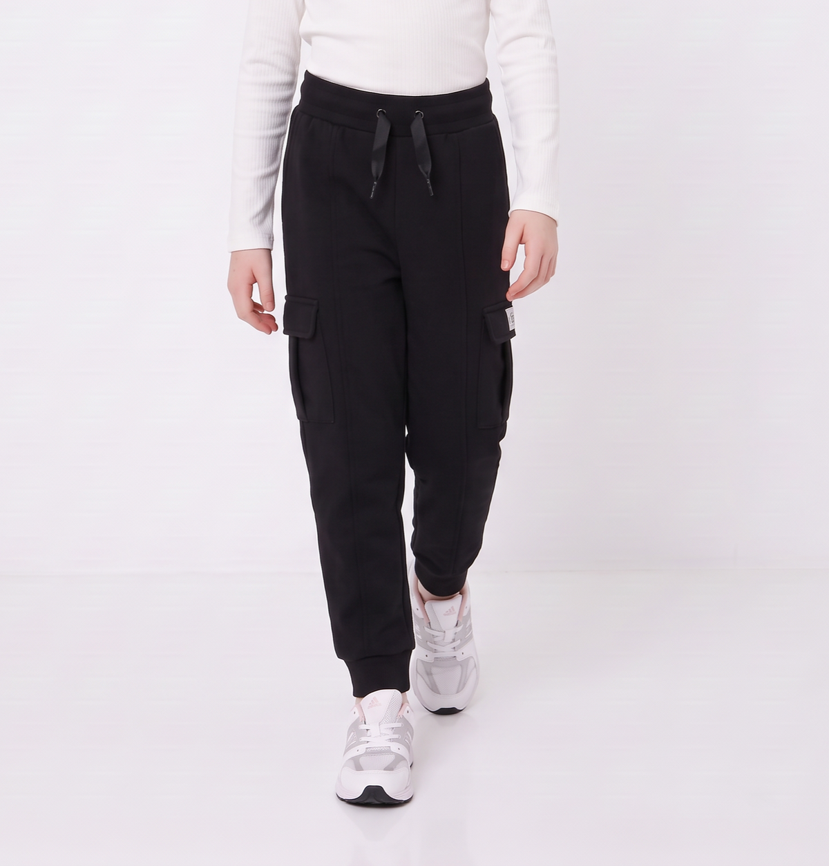Pantaloni in felpa tasconati con nastro - Nero