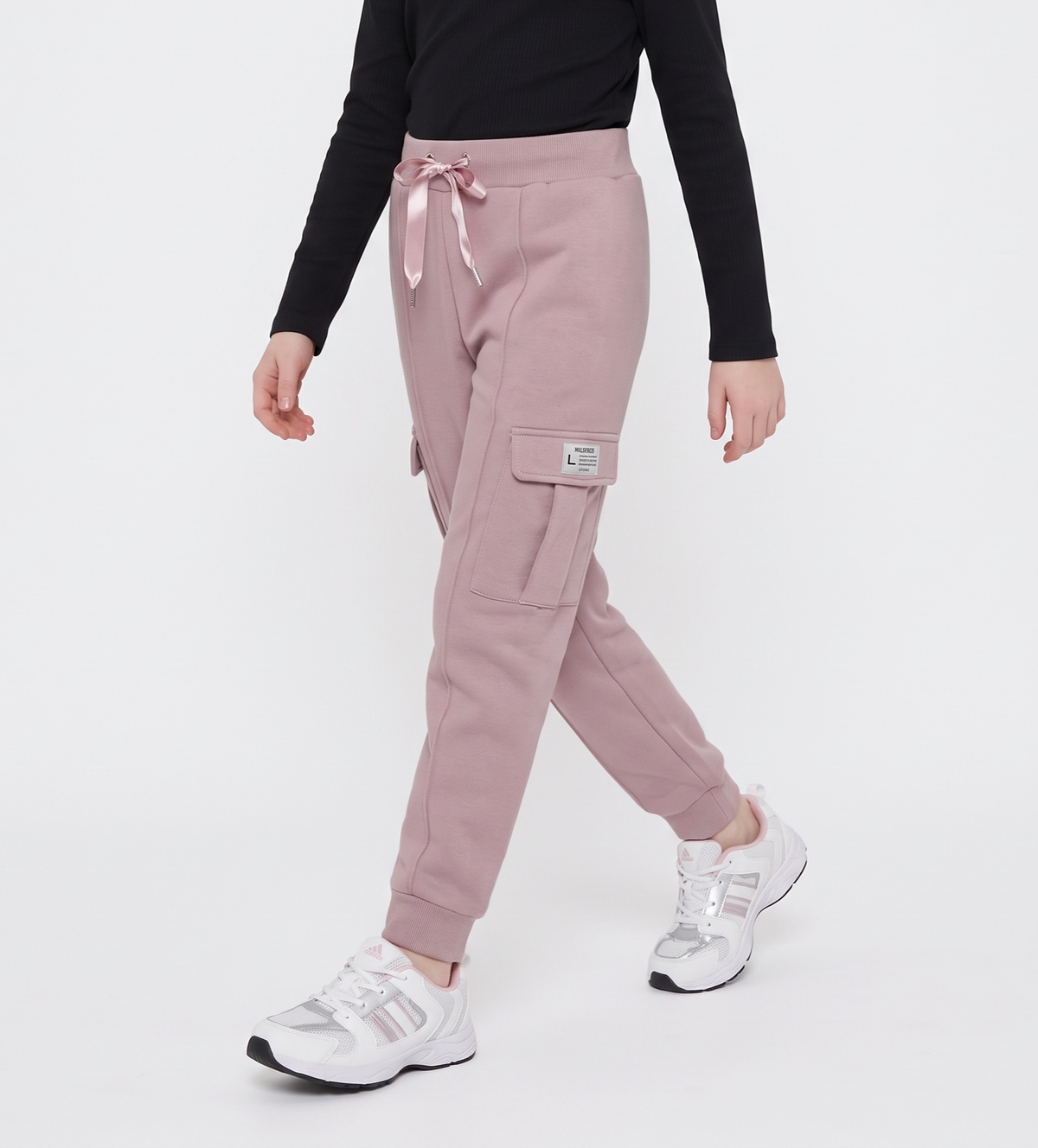 Pantaloni in felpa tasconati con nastro - Rosa polvere