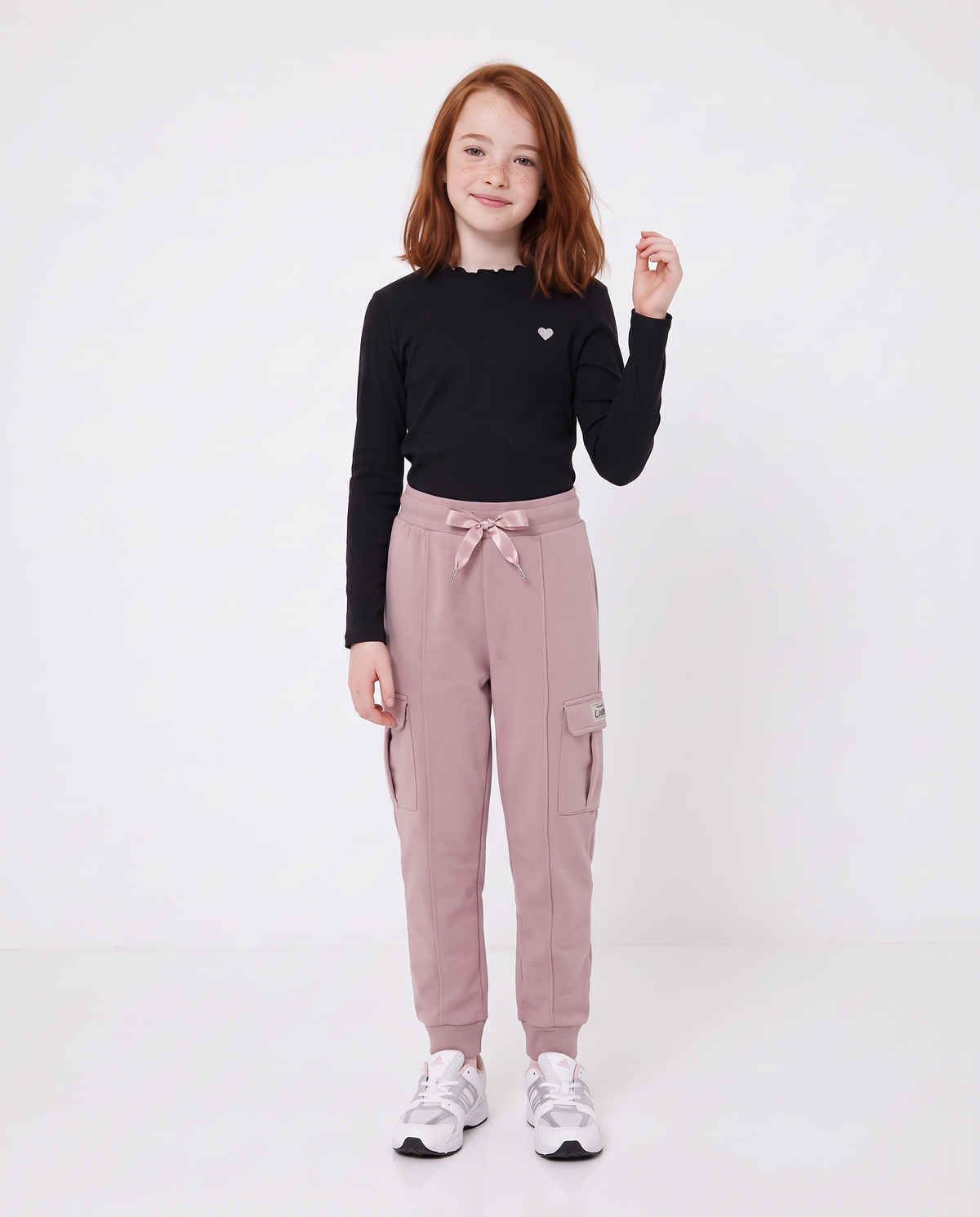 Pantaloni in felpa tasconati con nastro - Rosa polvere