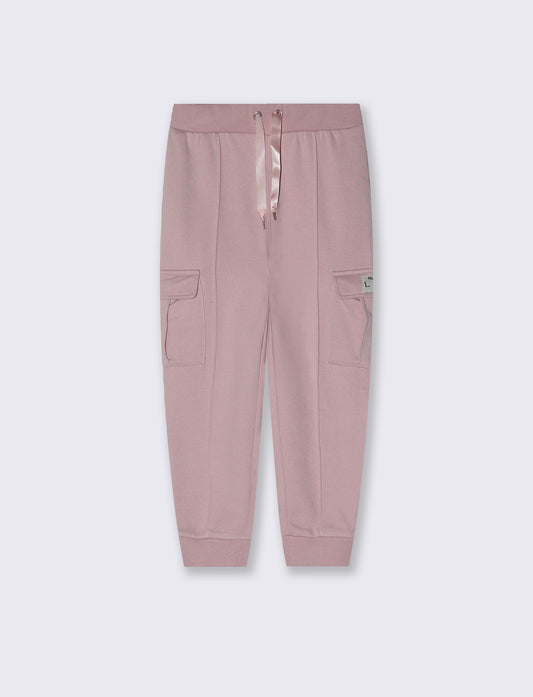 Pantaloni in felpa tasconati con nastro - Rosa polvere