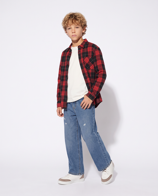 Plaid Flannel Long Sleeve Shirt - Red