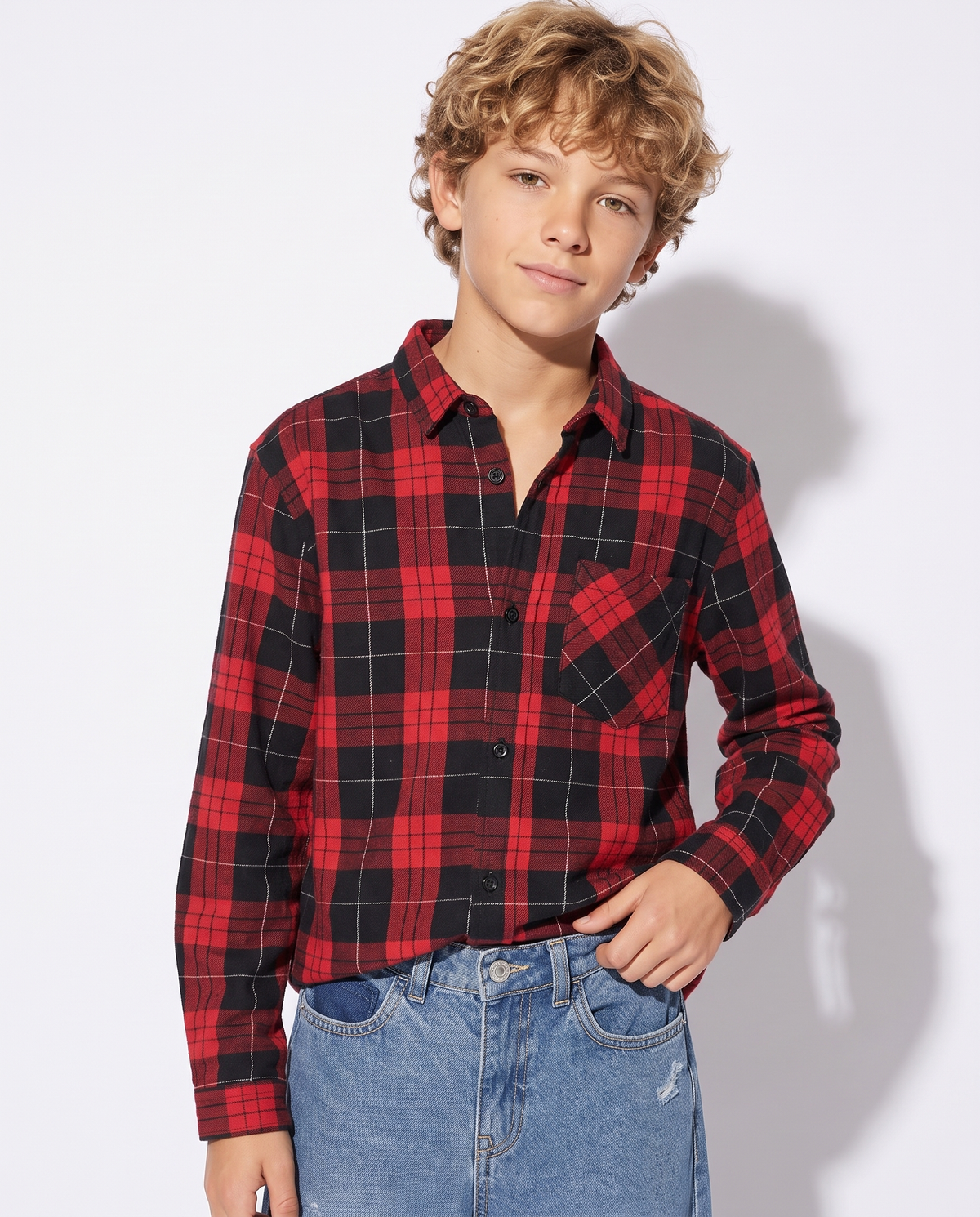 Plaid Flannel Long Sleeve Shirt - Red