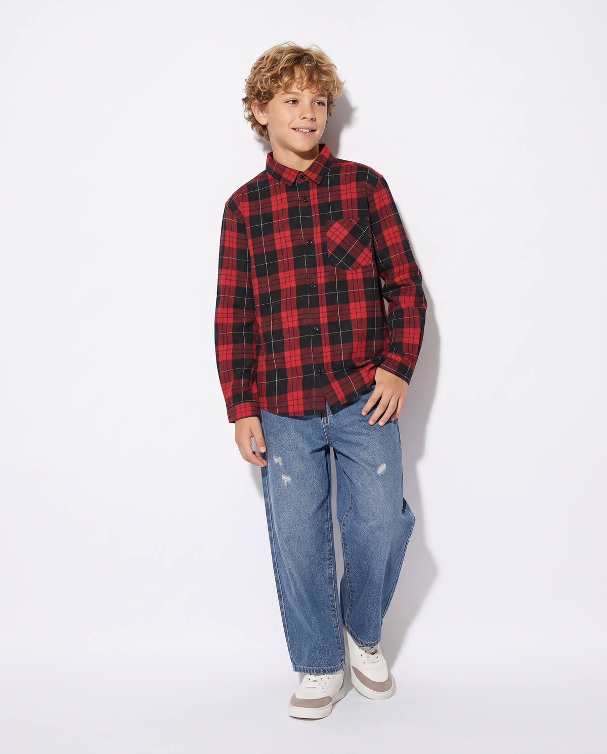 Plaid Flannel Long Sleeve Shirt - Red