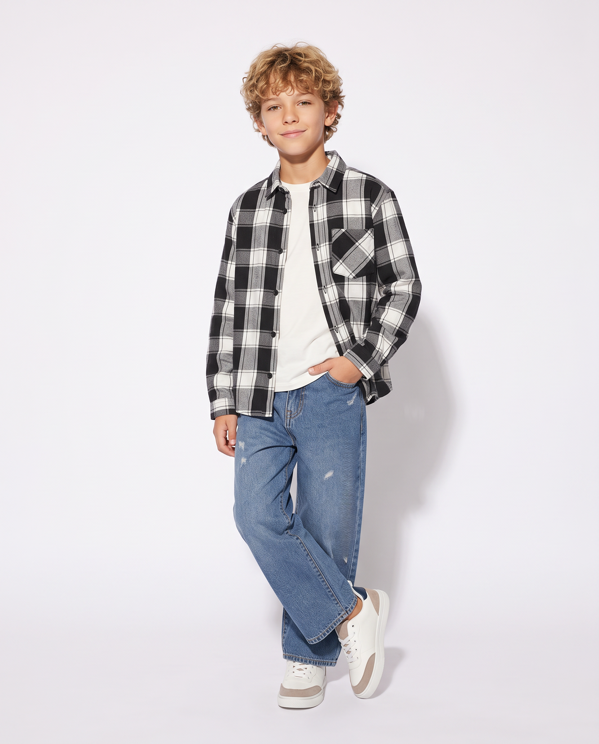 Plaid Flannel Long Sleeve Shirt - Black