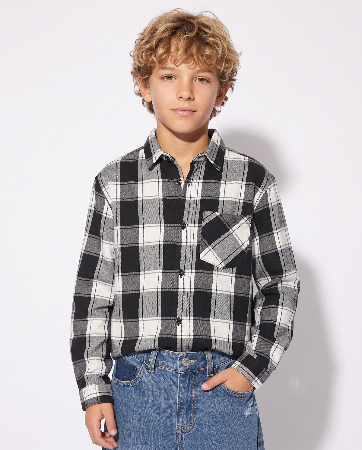 Plaid Flannel Long Sleeve Shirt - Black