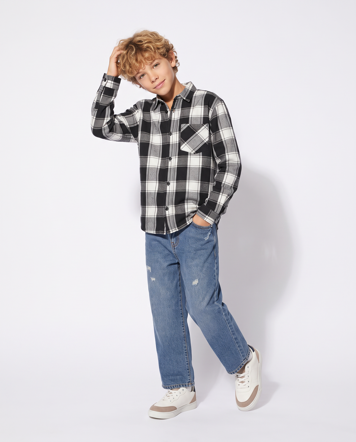 Plaid Flannel Long Sleeve Shirt - Black