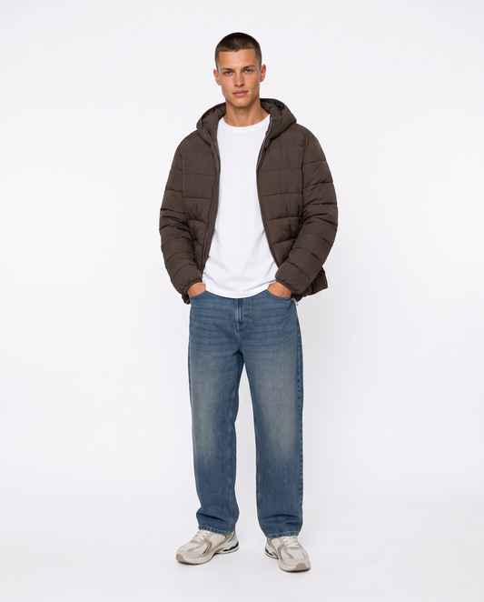 Foldable Down Jacket with Hood - Brown