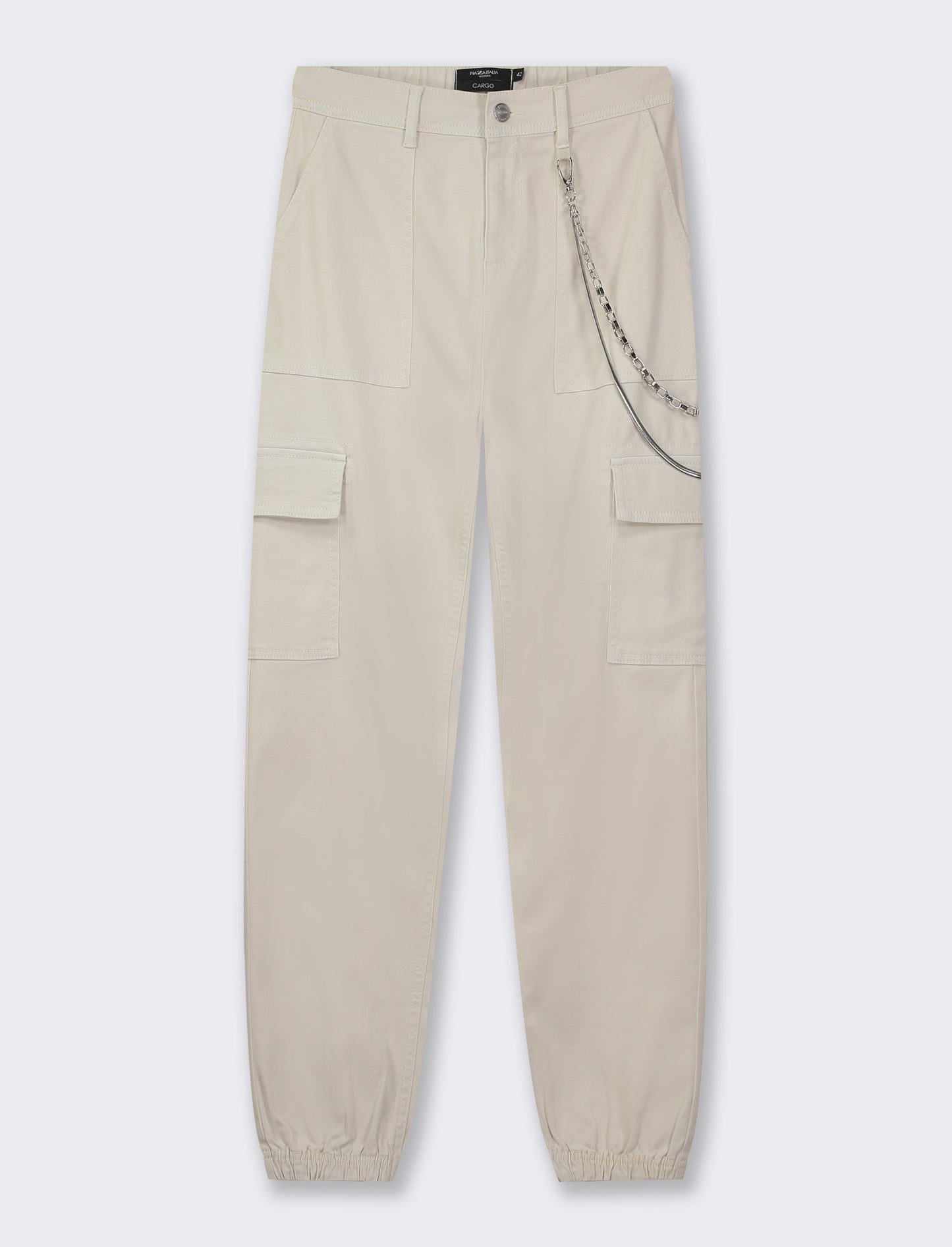 Pantalone colorato con tasconi applicati e catena di tessuto elastico con vestibilita comfort - Bianco gesso
