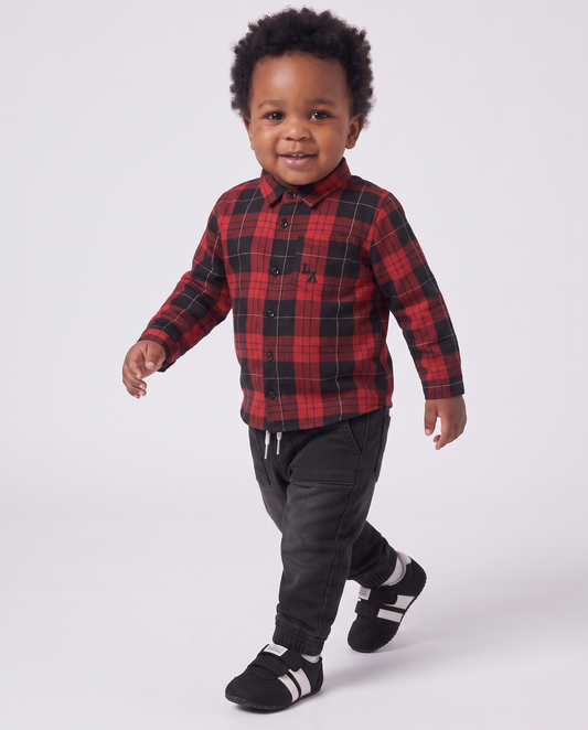 Plaid Flannel Shirt with Embroidery - Red