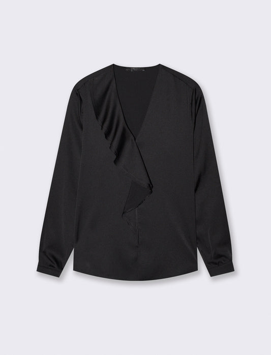 Blouse with ruffles on the neckline - Black