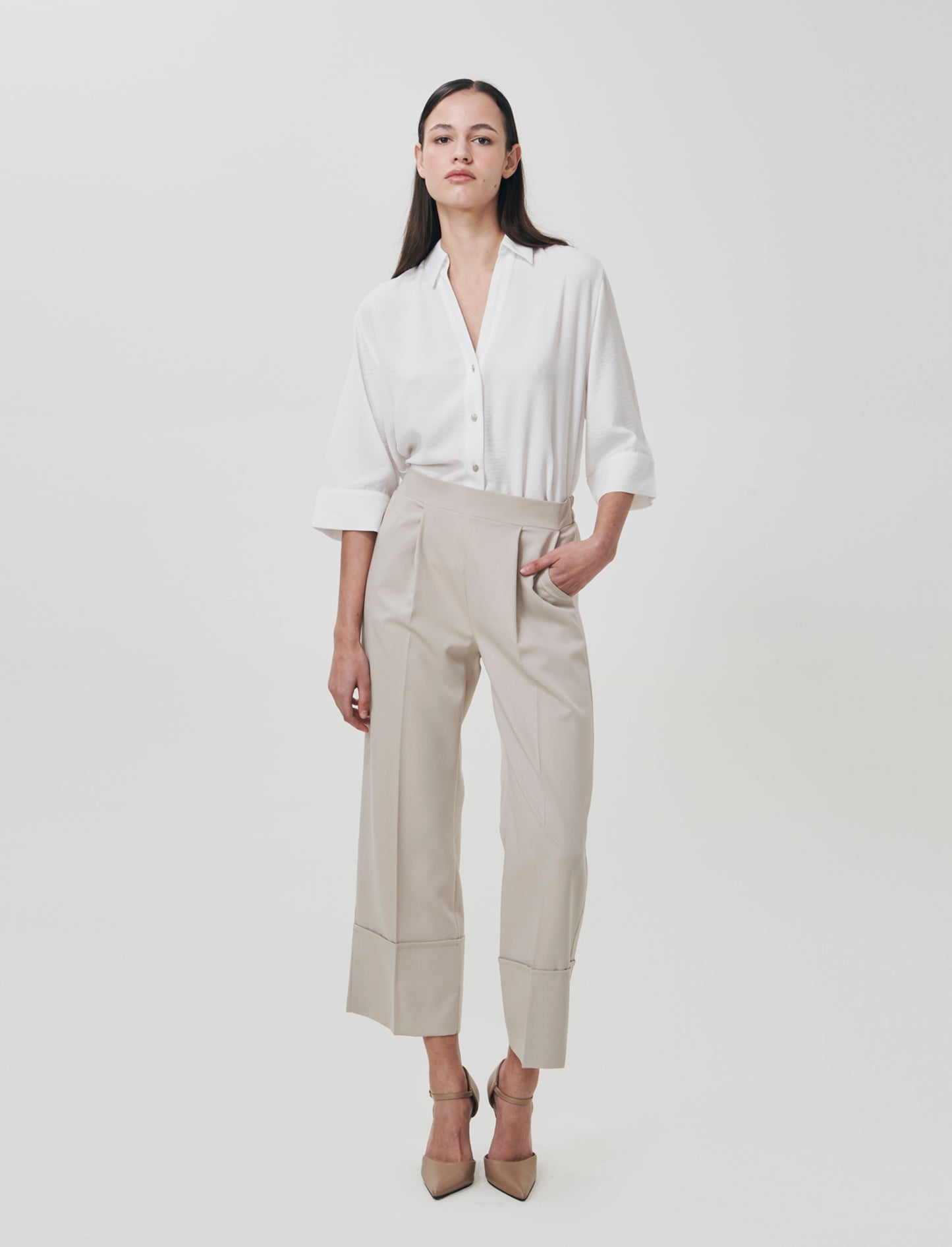 Pantalone Coulotte con Elastico e Risvolto - Beige