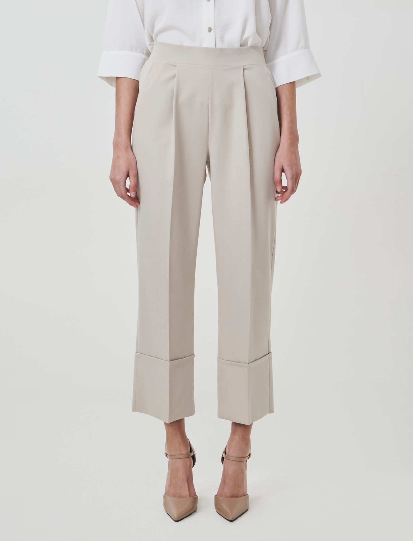 Pantalone Coulotte con Elastico e Risvolto - Beige