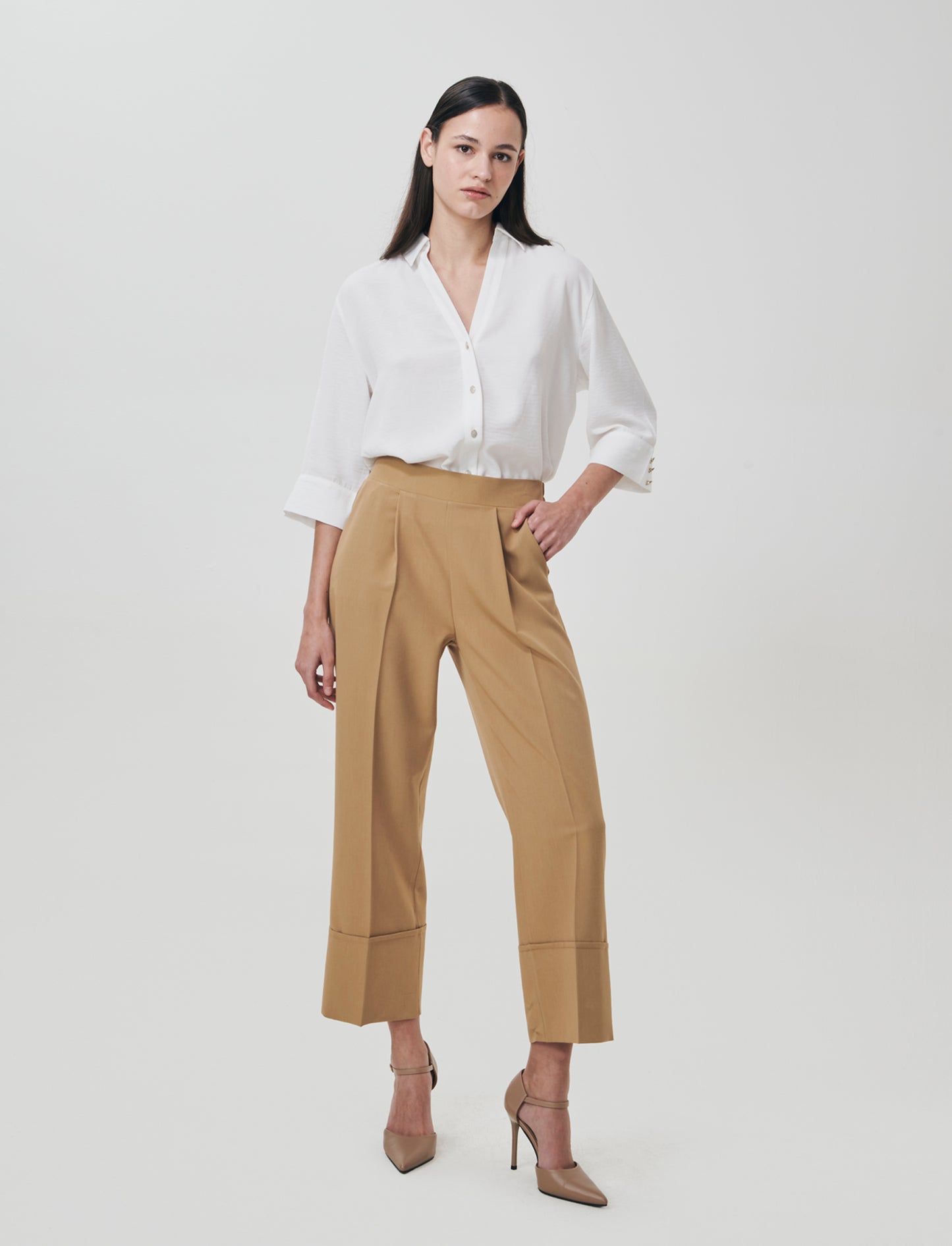 Culotte Trousers with Elastic and Cuff - Beige