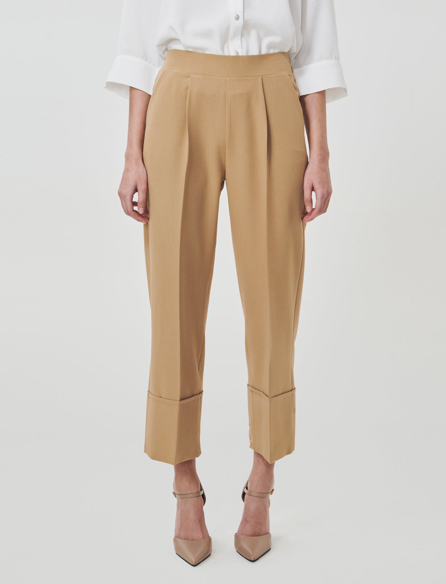 Culotte Trousers with Elastic and Cuff - Beige