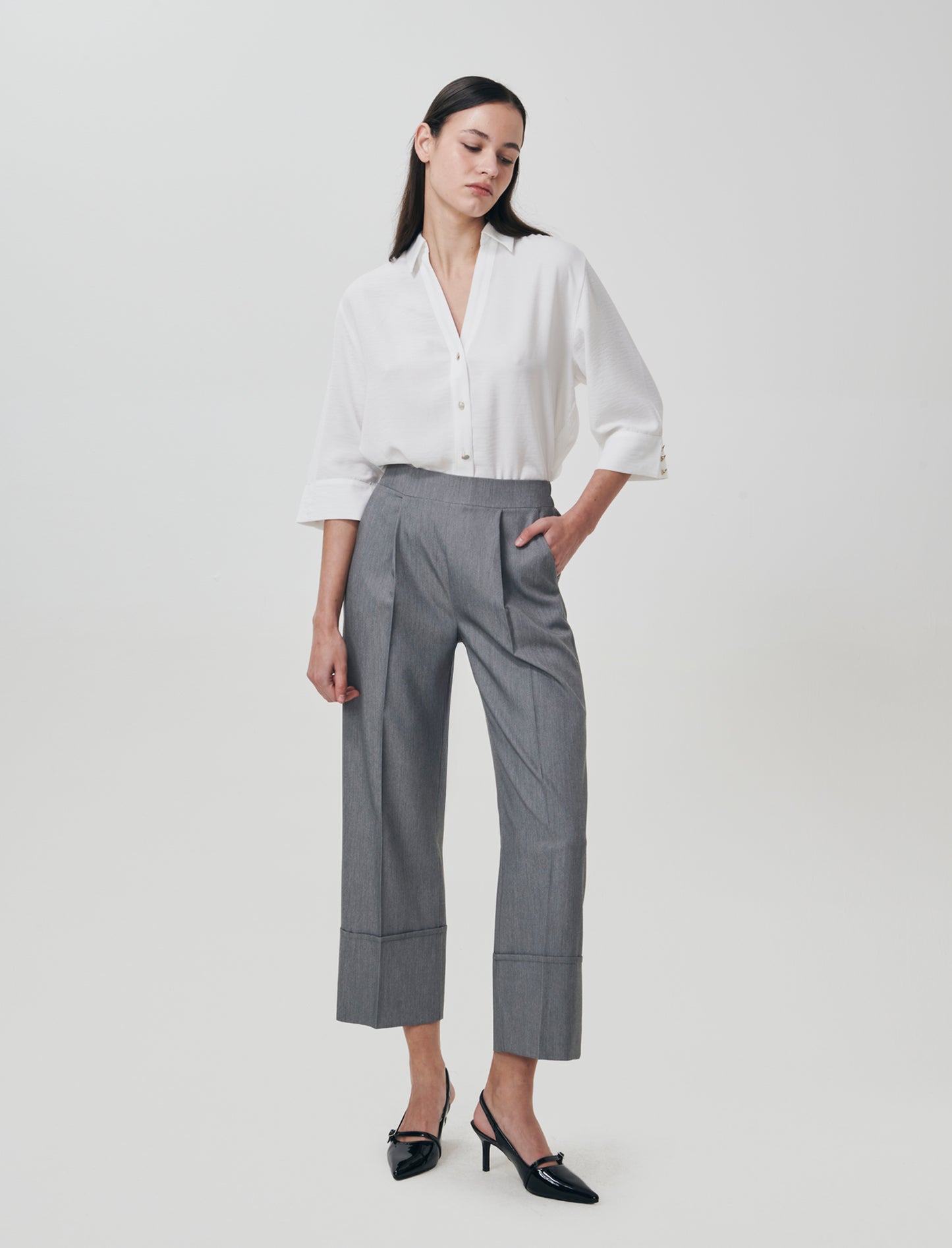 Pantalone Coulotte con Elastico e Risvolto - Grigio chiaro