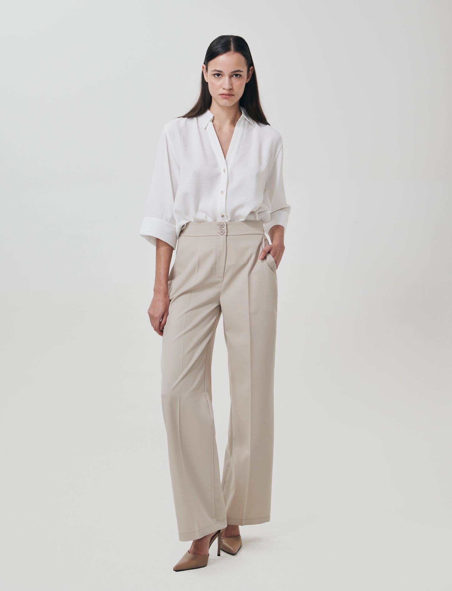 Palazzo Pants with Double Button Closure - Beige