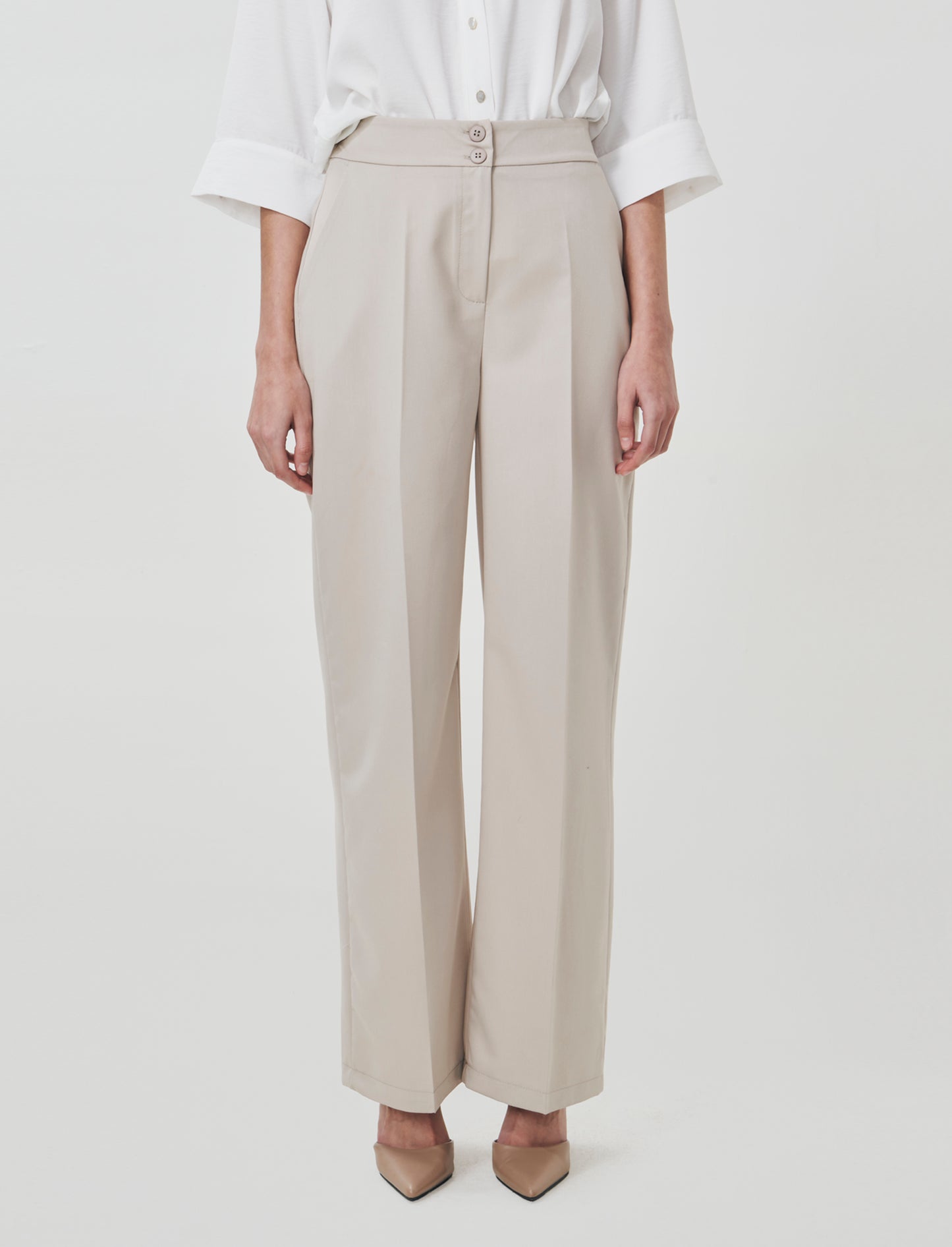 Palazzo Pants with Double Button Closure - Beige