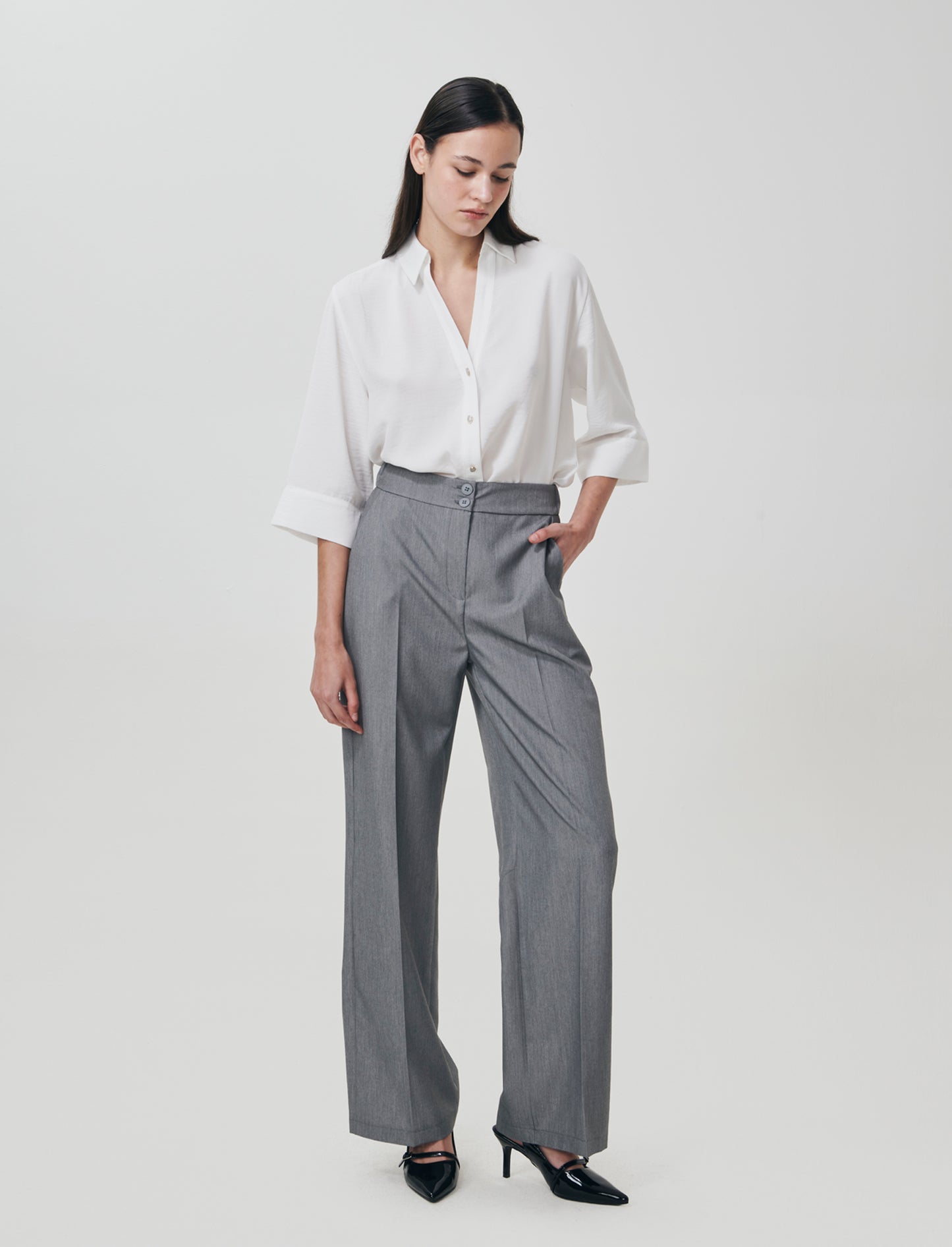 Palazzo Pants with Double Button Closure - Grey