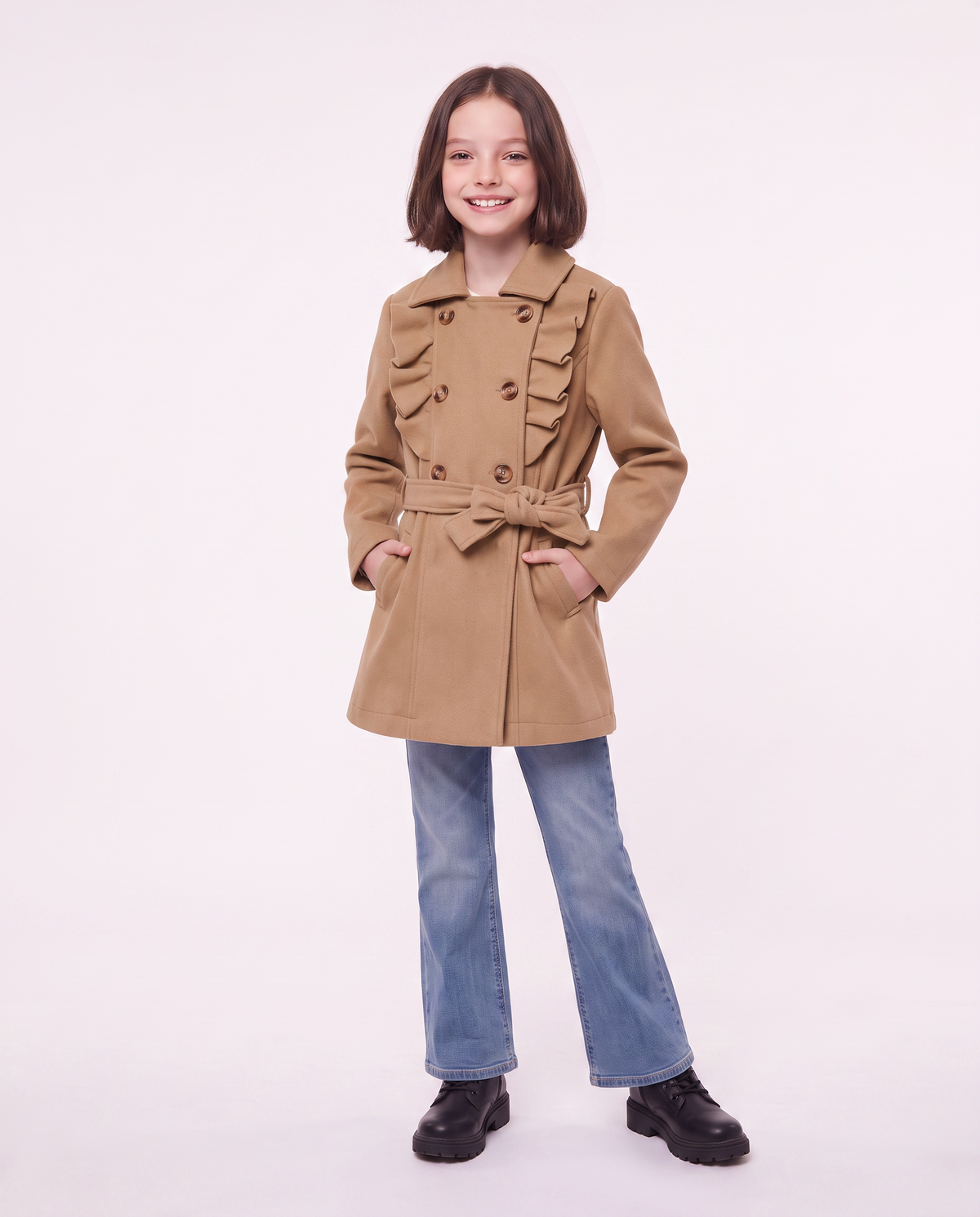 Girls' Coat in Soft Fabric - BROWN