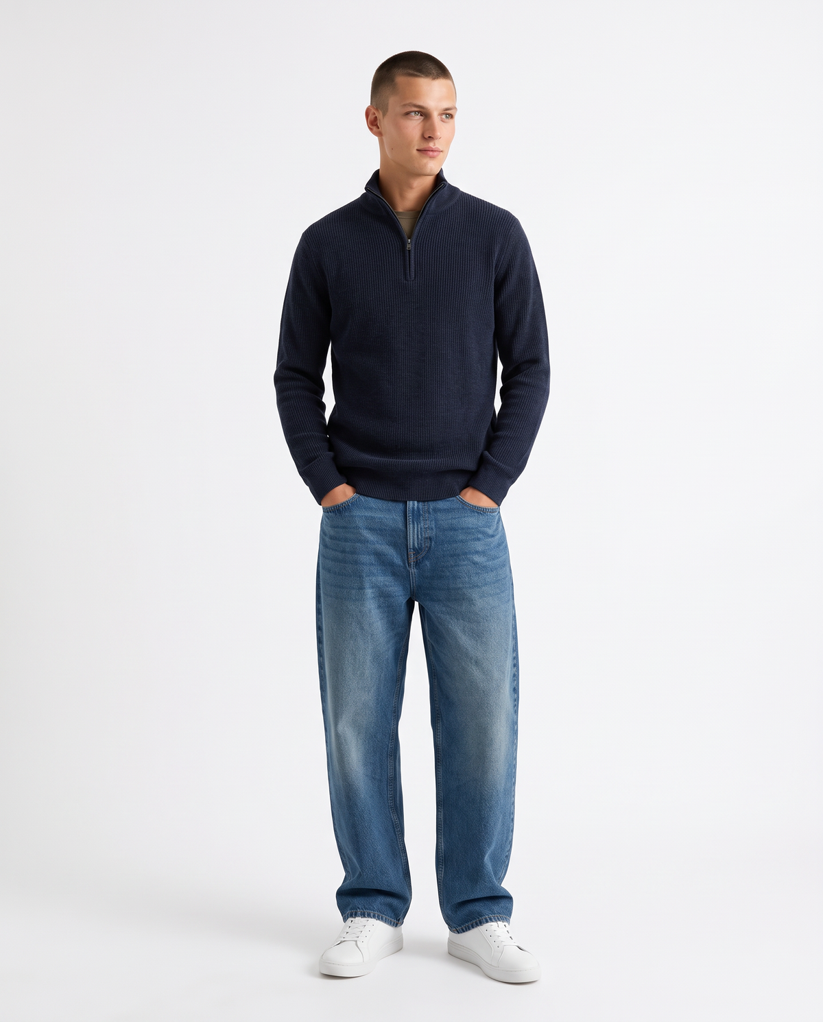 Maglia collo alto in ciniglia con cerniera - Blu