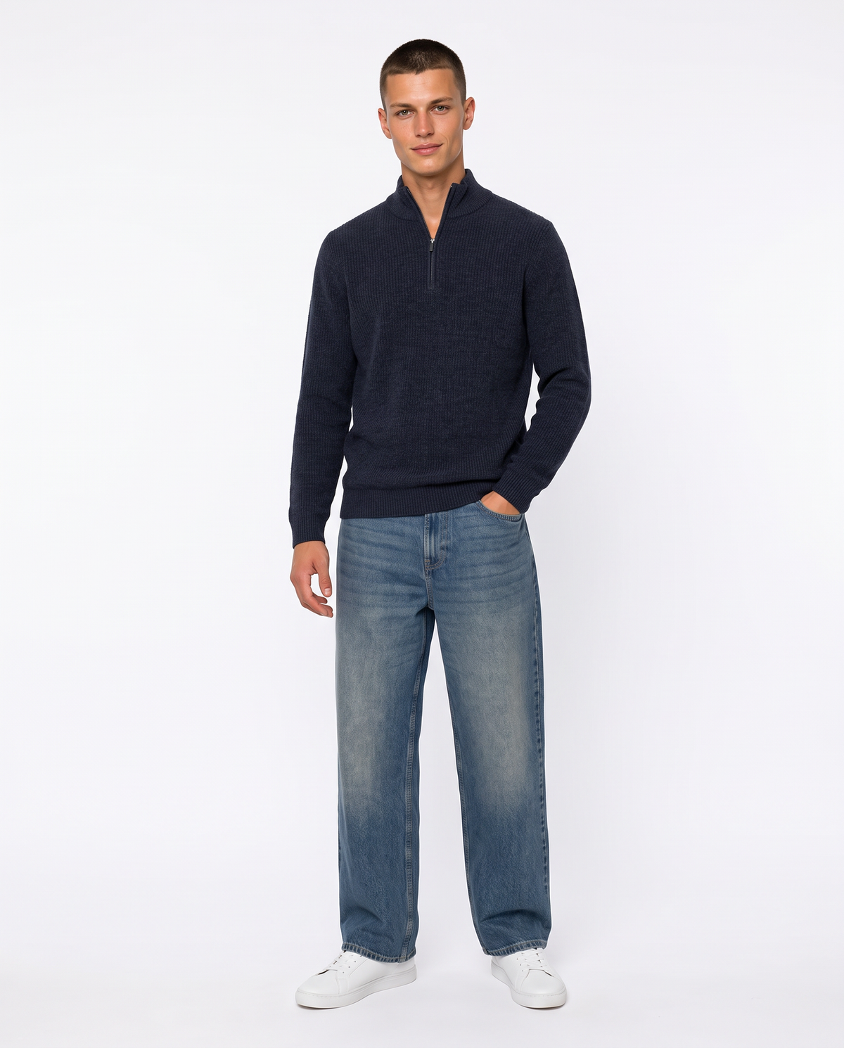 Maglia collo alto in ciniglia con cerniera - Blu