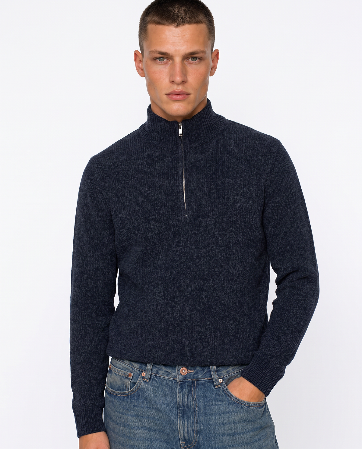Maglia collo alto in ciniglia con cerniera - Blu