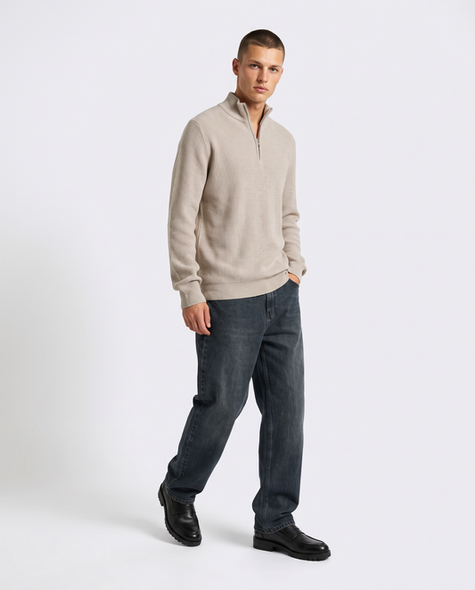 High-neck velour sweater with zipper - Beige