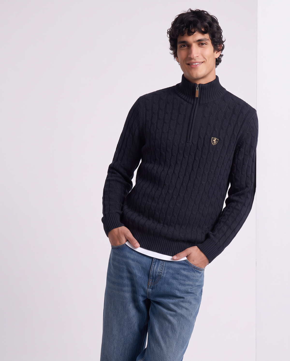 High Neck Cardigan Sweater in Chenille - Blue