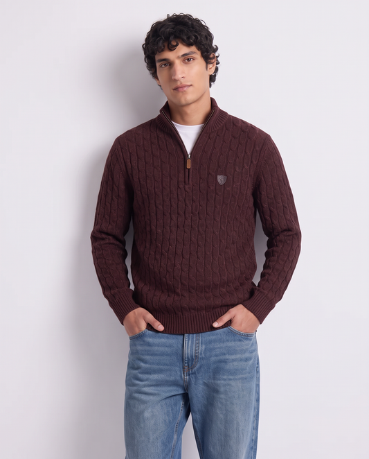 High Neck Cardigan Sweater in Chenille - Red