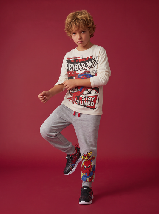 Cotton Spider-Man Joggers with Elastic Waistband - Grey