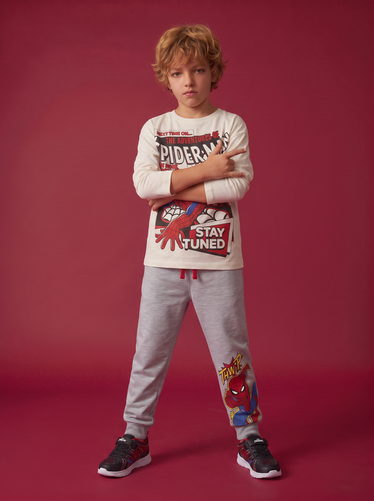 Cotton Spider-Man Joggers with Elastic Waistband - Grey