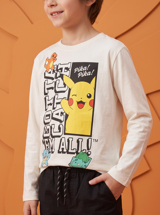 Long Sleeve Cotton Pokémon T-Shirt - White
