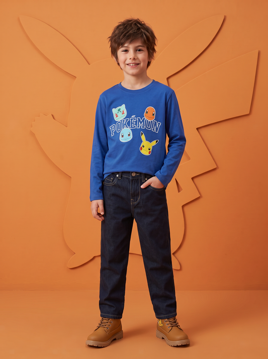 Long Sleeve Cotton Pokémon T-Shirt - Blue
