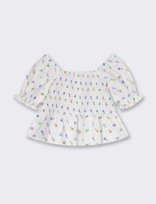 Printed Poplin Balloon Sleeve Shirt with Elasticized Waist - White