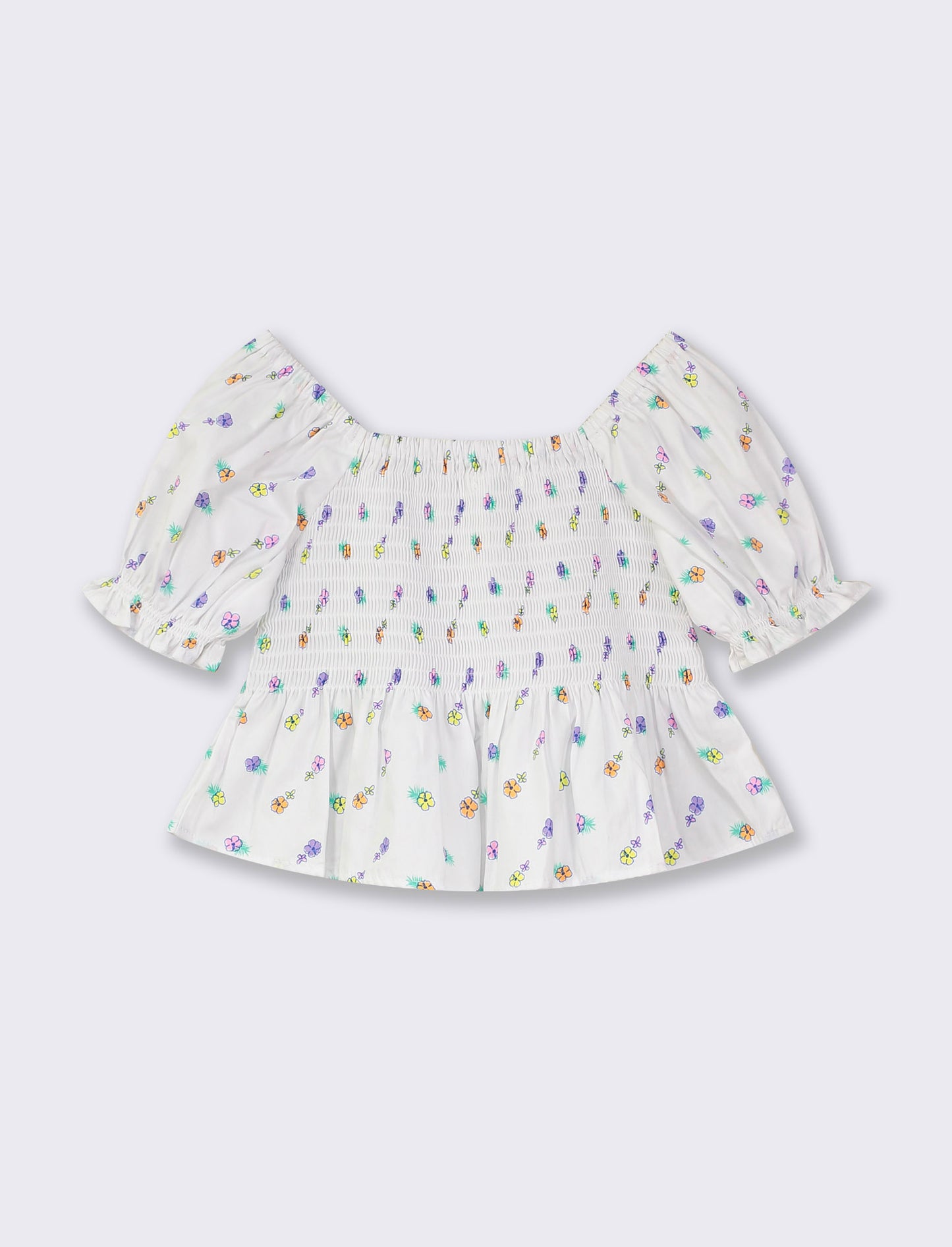 Printed Poplin Balloon Sleeve Shirt with Elasticized Waist - White