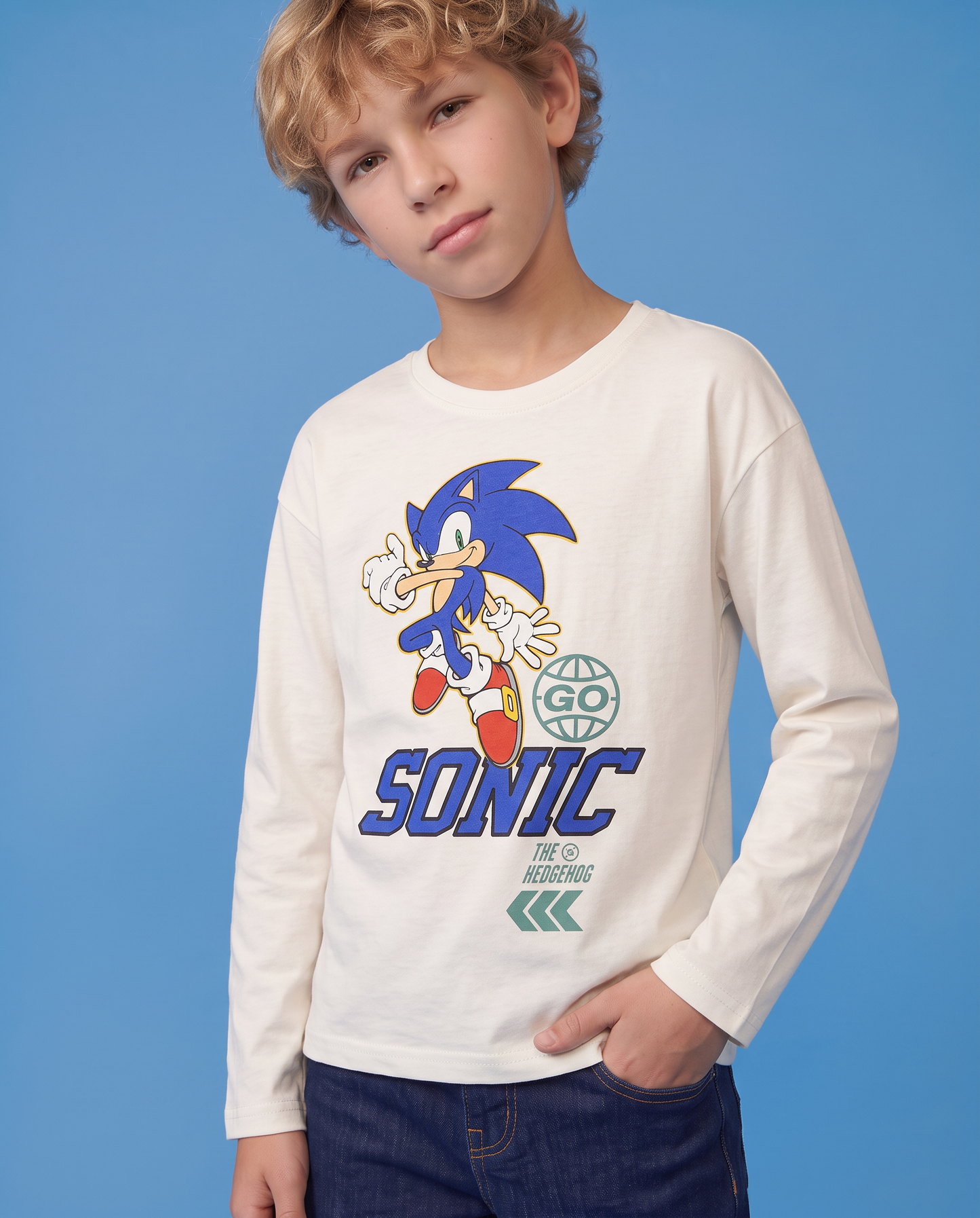 T-shirt Sonic maniche lunghe in cotone - Bianco latte
