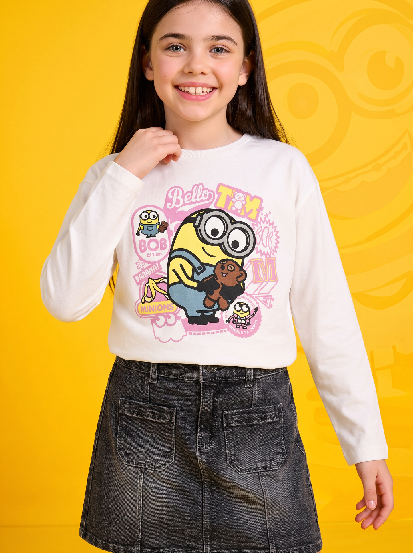 Long Sleeve Crew Neck T-Shirt Minions - White
