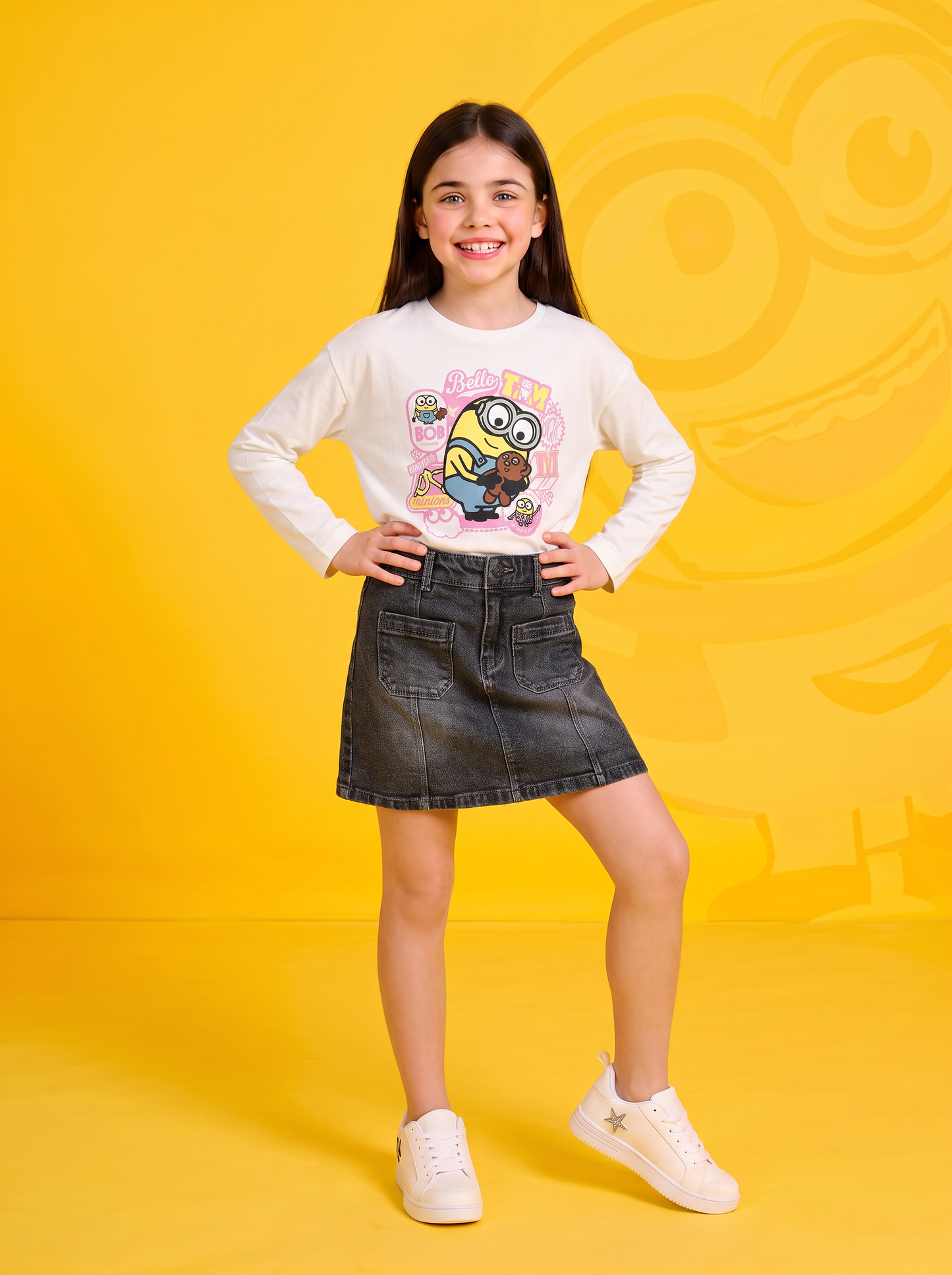 Long Sleeve Crew Neck T-Shirt Minions - White
