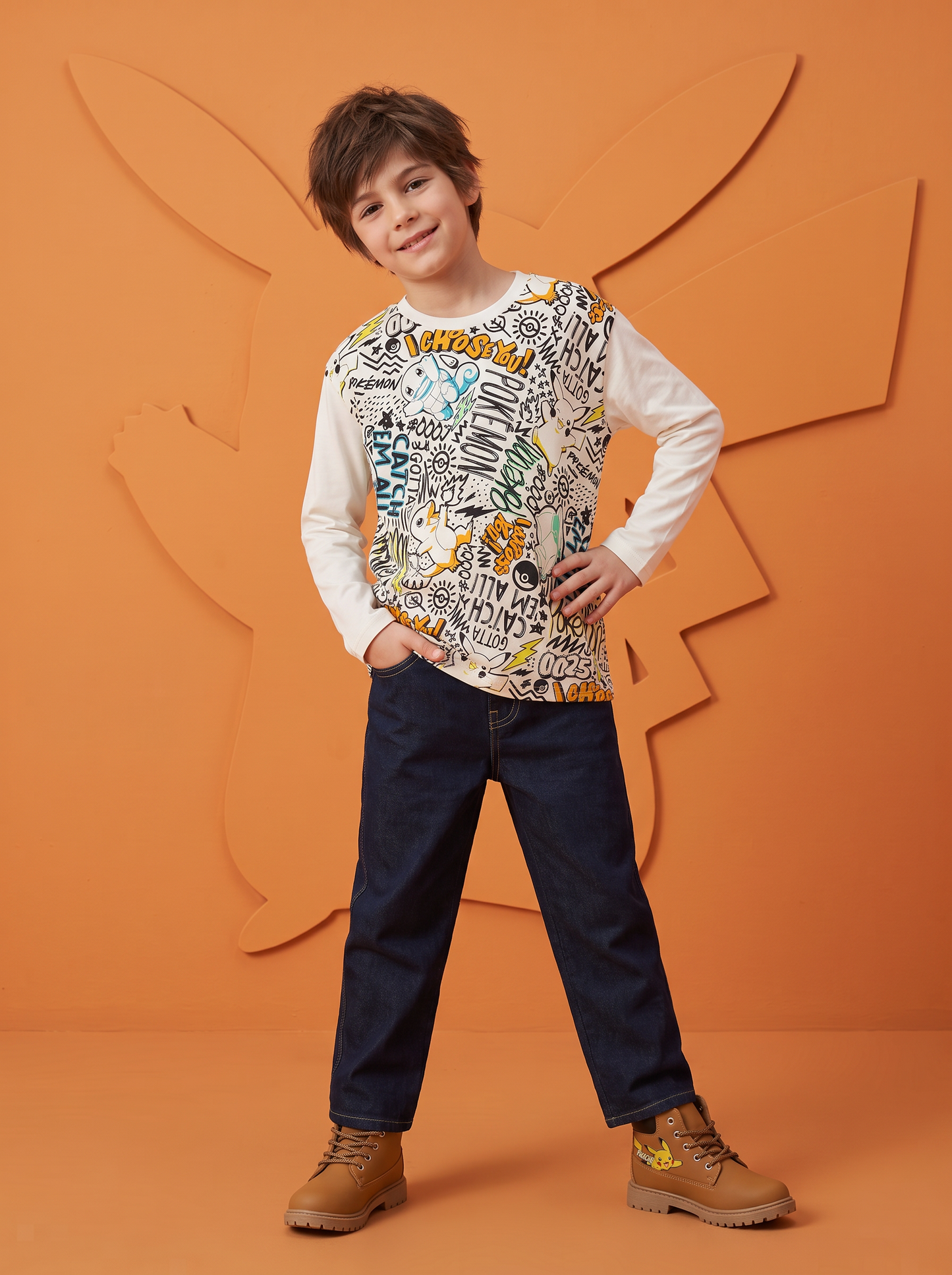 Long Sleeve Cotton Pokemon T-Shirt - Multicolor