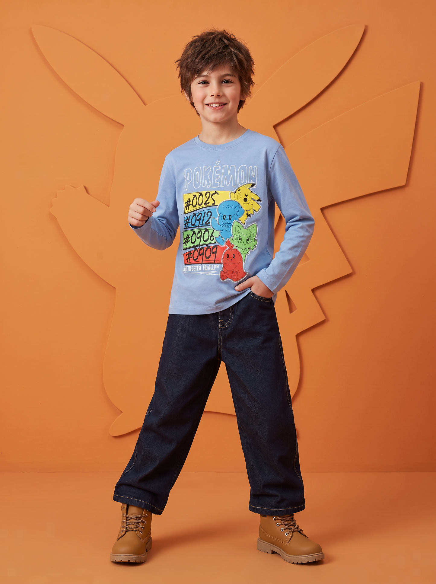 Long Sleeve Cotton Pokemon T-Shirt - Sky blue